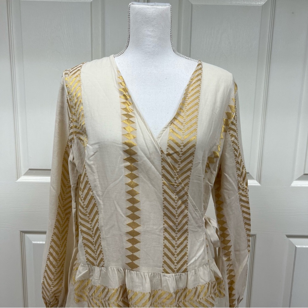 Kasia Wrap Mini Dress Gold/Ivory Size L - Picture 3 of 14